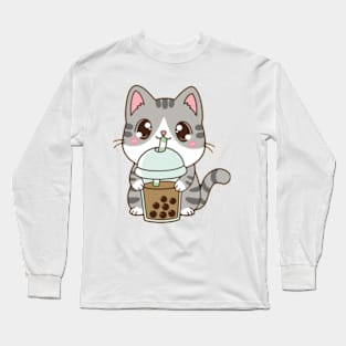 Cute Cat Drinking Boba Milk Long Sleeve T-Shirt